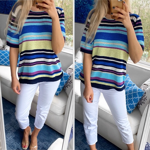 🌈 CANDA BLUE MULTI STRIPE KNIT SHORT SLEEVE SWEATER! - Picture 6 of 16